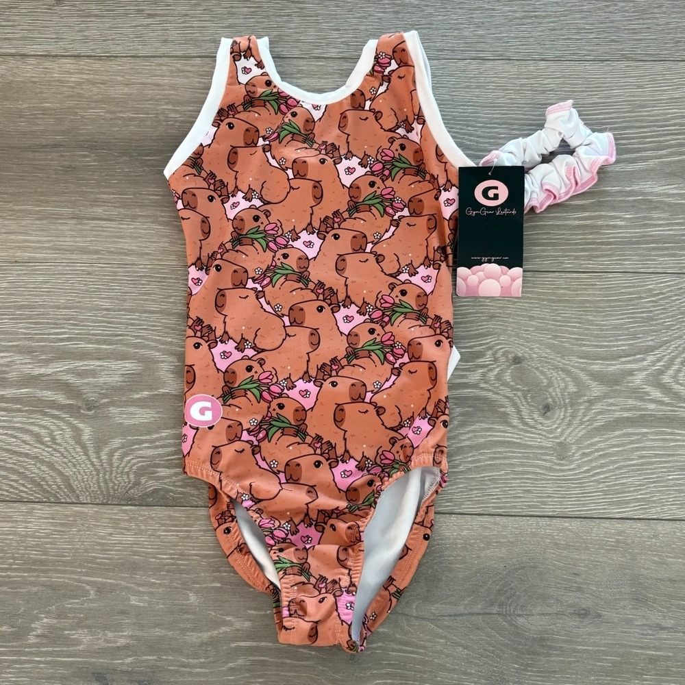 NWT Gym Gear Kids Brown Capybara Animal Print Gymnastics/Dance Leotard Size S